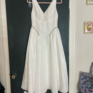 White V-Neck Sleeveless A-Line Dress with Beaded Waist